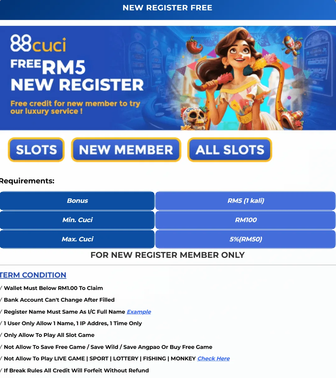 88Cuci RM5 new register free credit terms: one claim only, RM100 minimum withdraw, 5% maximum cashout, slot games only.